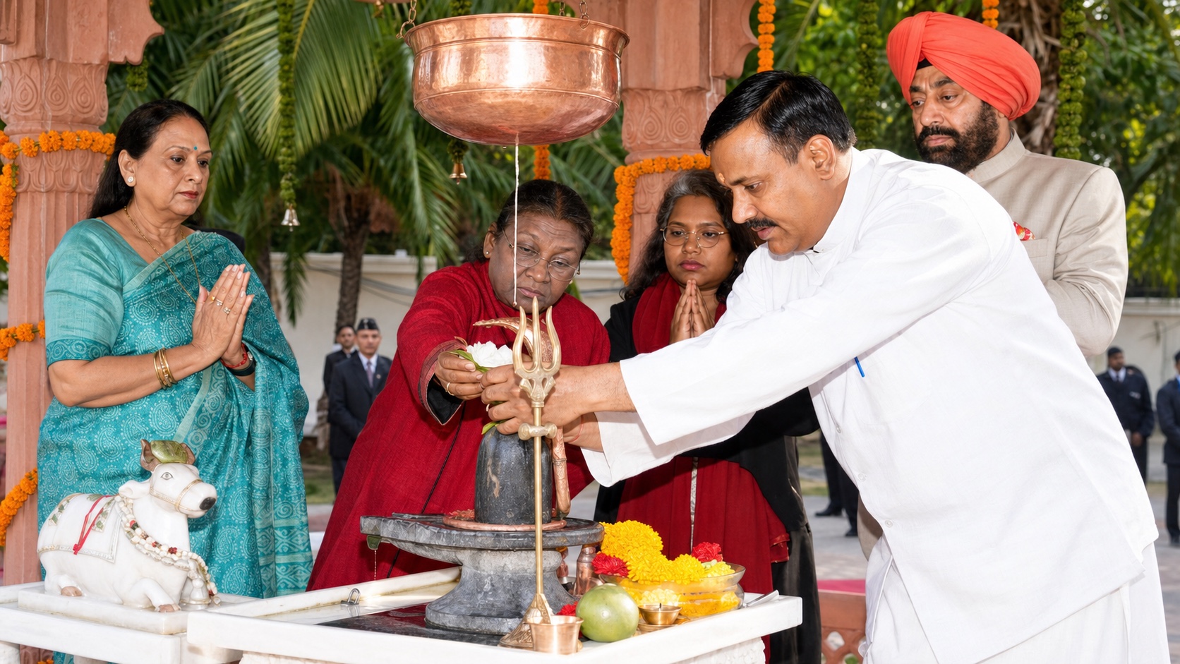 राजप्रज्ञेश्वर मंदिर में राष्ट्रपति द्रौपदी मुर्मु के साथ शिव पूजा संपन्न कराते पंडित बाल कृष्ण शास्त्री