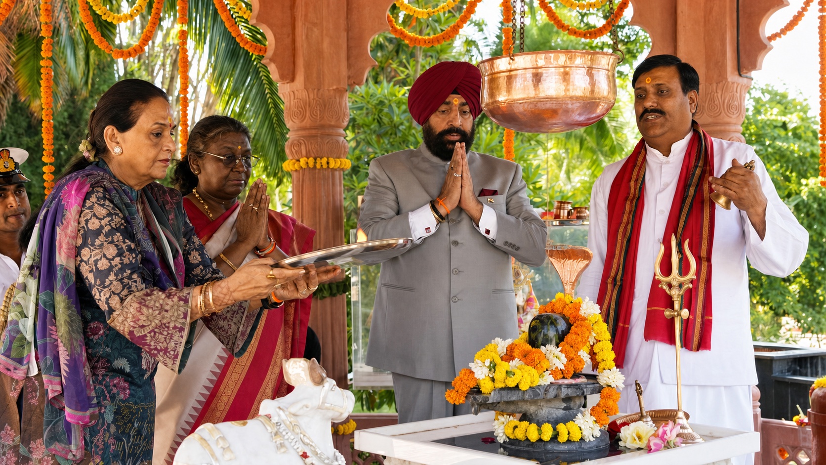 राजभवन स्थित राजप्रज्ञेश्वर महादेव मंदिर में राष्ट्रपति द्रौपदी मुर्मु और उत्तराखंड के राज्यपाल की पूजा कराते पंडित बाल कृष्ण शास्त्री