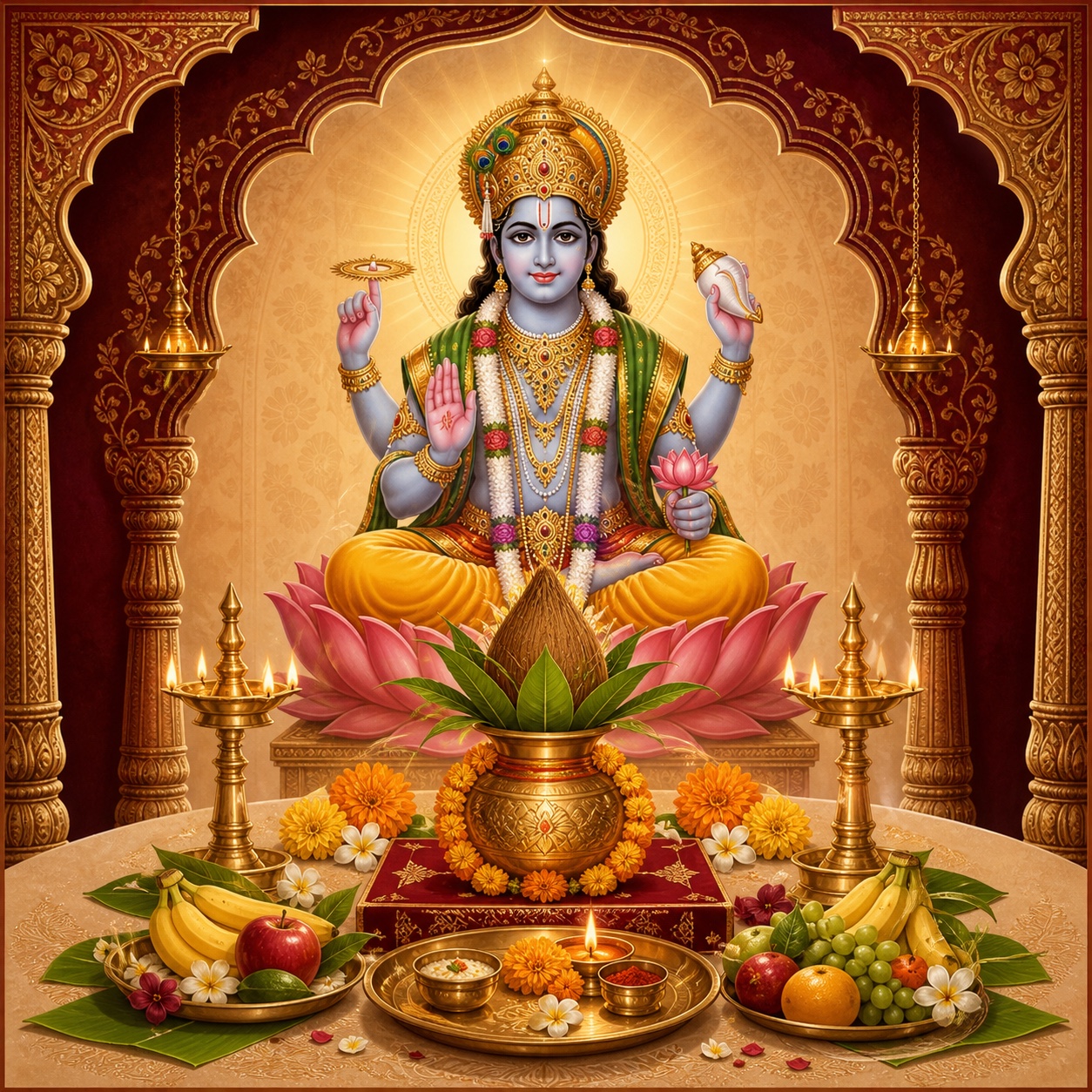 श्री सत्यनारायण पूजा के लिए भगवान विष्णु, कलश, दीप और पूजन सामग्री का धार्मिक चित्र